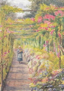 Postkarte: Englische Schule - Junges Mädchen unter einer Rosenpergola - Bild 1 von 1