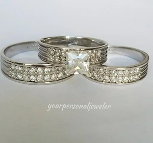His hers 3 trio 14K White Gold princes Engagement Wedding Band Ring Set S 7 10 - Picture 1 of 8