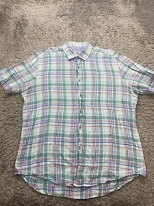 Report Collection Shirt Mens XL Teal Lavender Plaid Linen Resort Button Up - Picture 1 of 9