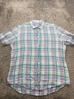 Report Collection Shirt Mens XL Teal Lavender Plaid Linen Resort Button Up - Image 1 of 4
