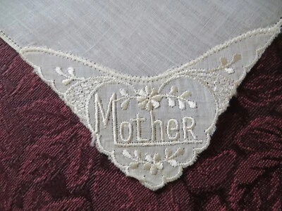 VTG hanky handkerchief MOTHER  linen embroidery off white wedding Christening - Image 1 of 4