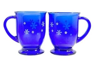 2 Anchor Hocking Cobalt Blue Coffee Mugs Glass Snowflake Pedestal 4 7/8" C106 - Picture 1 of 7