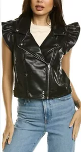 New Blank NYC Moto Biker Black Vegan Leather Ruffle Sleeve Vest Size Large - Picture 1 of 13