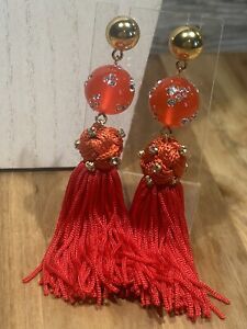 J Crew Crystal-Studded Bead Tassel Earrings 4 3/4"  Bright Red