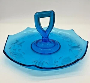 Vintage Peacock Blue Glass MCM Depression Center Handled Server Sandwich Tray - Picture 1 of 12