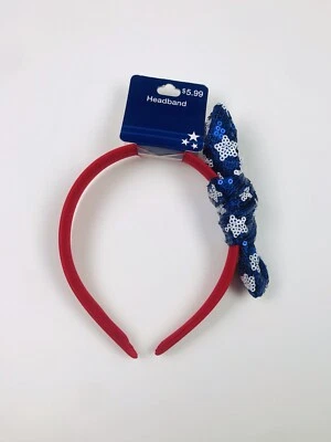 Girls USA Headband Sequin Bow Red, White, Blue Stars Costume Patriotic Cosplay - Image 1 of 2