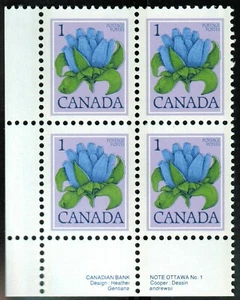 Canada sc#705 Floral : Bottle Gentian, LL CBN Plate Block N°1, Mint-NH - Picture 1 of 2
