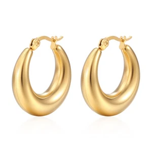 EP 14K Gold Hoop Earrings Huggie Chunky Lightweight Smooth Moon - Picture 1 of 8