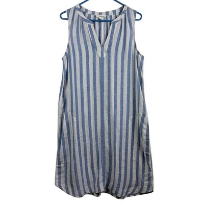Beach Lunch Lounge Blue White Striped Dress Medium Linen Cotton V Neck Pockets - Image 1 of 4