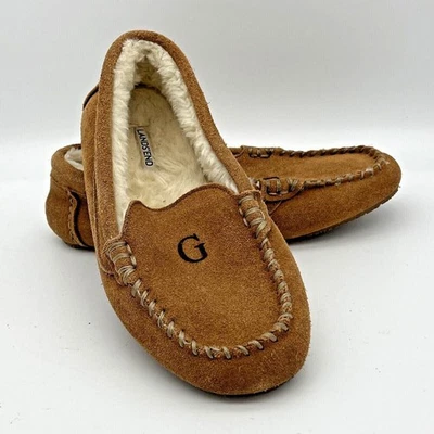Lands End Moccasin Slippers Youth 5 Brown Suede Monogram G Faux Fur Lined - Image 1 of 4