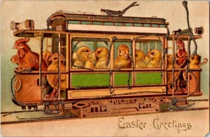 Ostergrüße, Hühner reiten auf einem Eisenbahnwagen Postkarte A91 - Bild 1 von 2