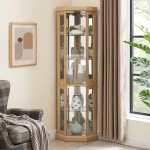 Corner Glass Cabinet Lighted Curio Cabinet Corner Display Case for Living Room - Picture 1 of 21
