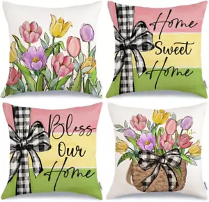 Spring Summer Throw Pillow Covers 18X18 Inch Set of 4, Floral Tulips Striped Bow - Picture 1 of 12