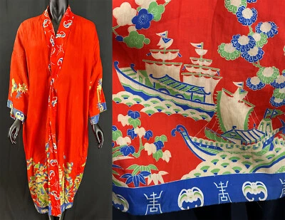Vintage Japanese Red Pongee Silk Screen Chinese Shou Bats Ship Print Kimono Robe - Image 1 of 3