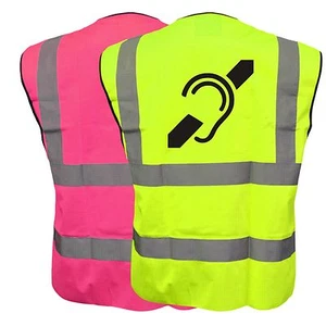 DEAF LOGO YELLOW PINK HI VIZ VIS WAISTCOAT VEST SAFETY BIKE CYCLE, RIDING - Picture 1 of 4