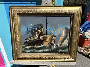 Antikes Gemälde Rückseite auf Glas Titanic Eisberg im Originalrahmen - braucht Arbeit - Bild 1 von 9