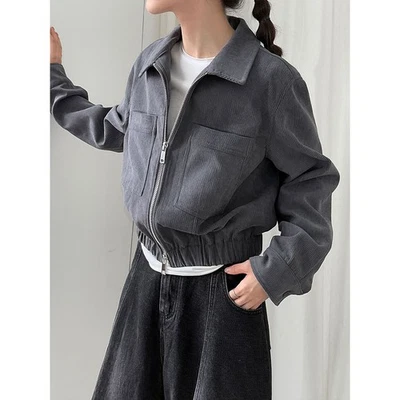 Chaqueta corta retro de pana con solapa para mujer nueva cremallera abrigos informales ropa exterior coreana Foto 1 de 4