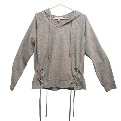 Michael Kors Hoodie Women's L Gray Lace-Up Sides Drawstring V-Neck Pullover - Image 1 of 4