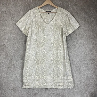 Nicole Miller Dress Womens XL Beige White Linen Blend V Neck Short Sleeve- 3852 - Image 1 of 4
