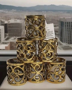 New SET OF 6 BRASS SCROLL Word Market NAPKINS RINGS - Picture 1 of 4