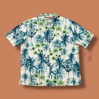 Camisa Hawaiana Lino Algodón Palmera Estampado Aloha Abotonada Nueva con Etiquetas 2XL Foto 1 de 4