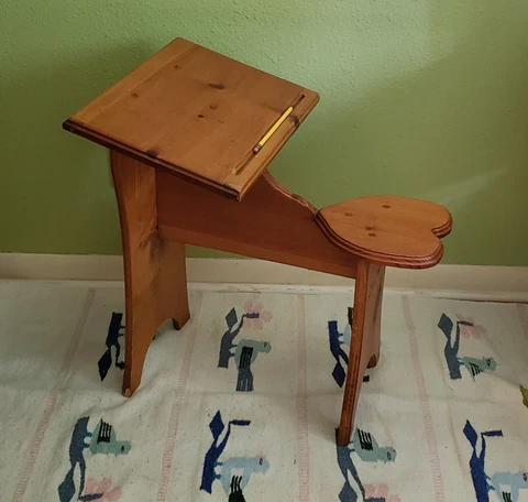 Vintage Child's Wooden School Desk Chair Combo, Heart Seat, Pine Wood, Doll Bear Cover