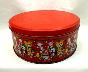 Vintage Christmas Panda Teddy Bears Santa Hat Round Cookie Tin Container - Picture 1 of 10