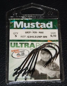 Mustad G34131NPBN-50 GRIP PIN Max 2X Extra Wide Bend Hooks Size 5/0 Pack of 5 - Picture 1 of 2