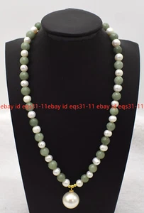Natural 7-8mm White Pearl &8mm Green Jade & Shell Pearl Pendant Necklace 18'' - Picture 1 of 12