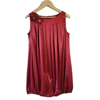 Vestido de satén ANNA SUI rojo plisado burbuja sin mangas talla 4 apliques florales con cuentas fiesta Foto 1 de 4