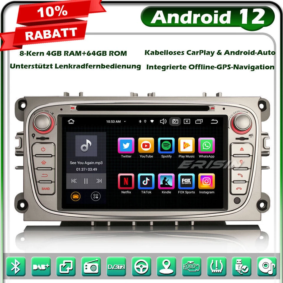 8-Kern 64GB Android 12 GPS Autoradio Navi Ford Mondeo Focus S/C-Max Galaxy WiFi - Bild 1 von 4