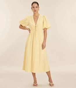 Aere Dress Size AU 14 US 10 Linen Puff Sleeve Midi Buttermilk Lemon BNWT - Picture 1 of 10