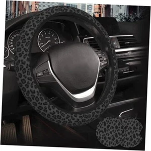 Car Steering Wheel Cover with 2 Pcs Car Coasters, Black Leopard Cheetah Print - Picture 1 of 8