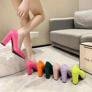 2025 Shoes Thick Heel Woman Pumps Candy Color Women Office Pointed Toe High - Picture 1 of 28