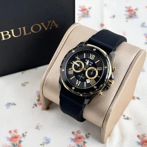 Bulova Marine Star 98B278 Men's Quartz Watch Black Dial Black Silicon Strap 44mm - Picture 1 of 9