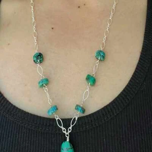 Natural green macadam turquoise 925 silver Necklace Easter Bless Pray Diy - Picture 1 of 3