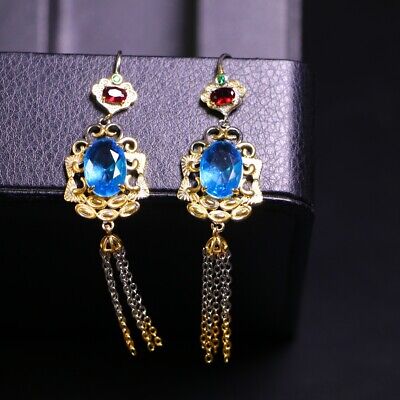 Perfect High Ice Chinese Blue Zircon Inlaid Gemstones Hand Carving Earrings M156 • 0.65£