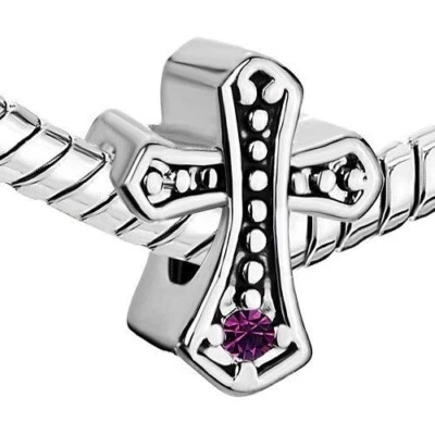 CRISTAL PÚRPURA CRUZ CELTA RELIGIÓN FE PLATA PULSERA ENCANTO CUENTAS Y BOLSA! Foto 1 de 2