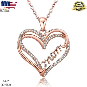 925 Sterling Silver Heart Necklace for Mom Rose Gold Plated Heart Necklace - Picture 1 of 6