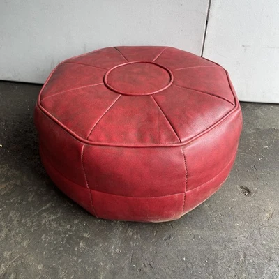 ORIGINAL VINTAGE ANTIQUE Round Foot Ottoman Rest Vinyl Red Cafe Prop Furniture - Image 1 of 4