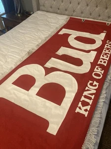 Vintage Bud Budweiser King Of Beers Red Fabric White Fringe Hammock 32” X 76 USA - Picture 1 of 11