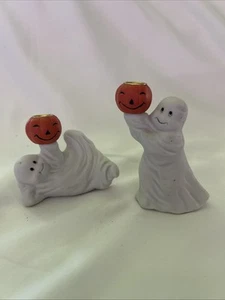 Vintage Ceramic Ghost Candlestick Holders Lot Of 2 Small Halloween Decoration - Picture 1 of 9