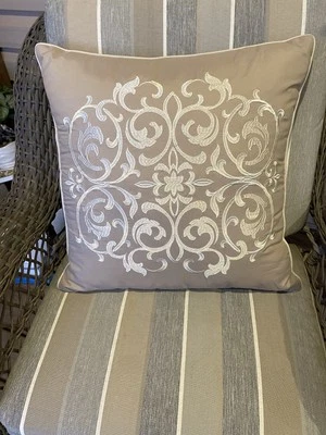 510 Design 18 X 18 Ramsey Damask Neutral Throw Pillow Beautiful Embroidery Soft - Image 1 of 4