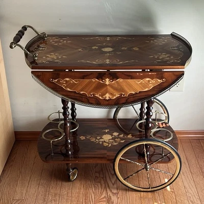 Vintage Fine Italian Sorrento Burlwood Marquetry Inlay Drop Leaf Bar Cart Brass - Image 1 of 4