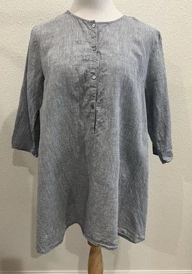 Top túnica Eileen Fisher para mujer 100 % lino orgánico pequeño gris claro botón liso Foto 1 de 4
