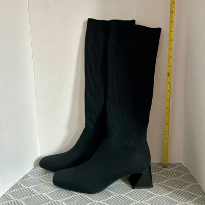 Vivaia Womens Size 10 41.5 Black Knit Sock Knee High Boots Square Toe Block Heel - Image 1 of 4