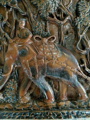 Panel de madera tallado arquitectónico tribal elefantes tala arte selva decoración de pared Foto 1 de 4