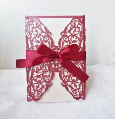 Cartão convite de casamento flor oca corte a laser com fita/cartão de visita de hotel - Imagem 1 de 4