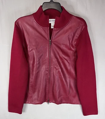 Pendleton Jacket Womens Large Red Leather Wool Knit Sleeves Full Zip Classic - Image 1 of 4