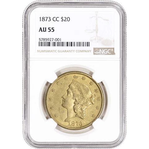 1873 CC US Gold $20 Liberty Head Double Eagle - NGC AU55 Cover